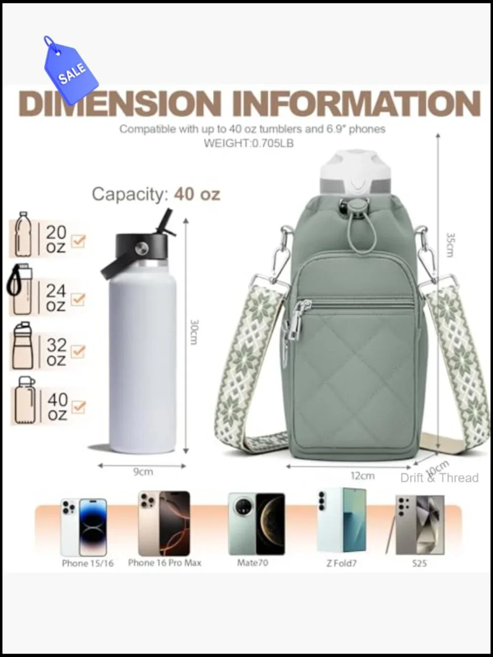 Water Bottle Carrier Bag with Strap, Crossbody Purse with Phone Pocket for